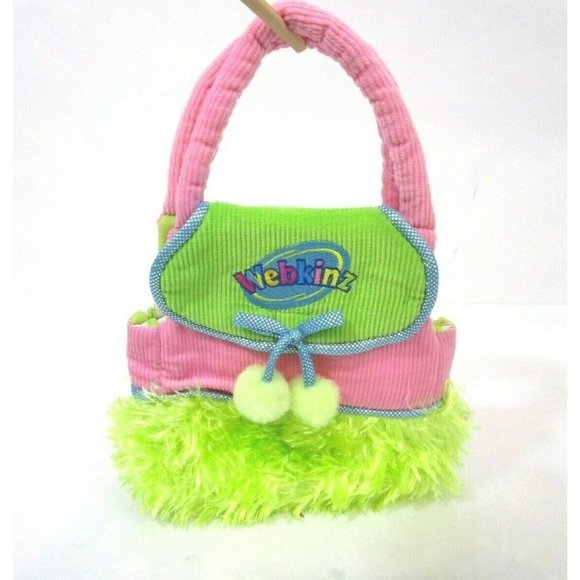 Ganz Webkinz Purse Pet Carrier 11" Girl's Pink Corduroy Green Faux Fur Stripes - Picture 1 of 9
